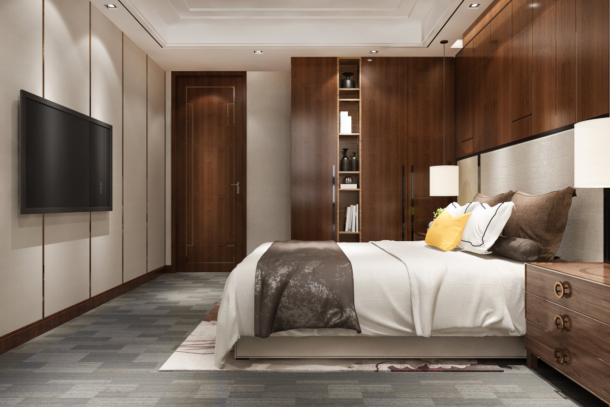 Modern bedroom with bespoke fitted wardrobes and custom wooden joinery installation